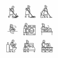 Collection of outline icons representing various household chores and cleaning activities