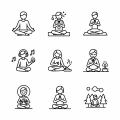 Collection of yoga poses and meditation techniques in simple line art illustrations