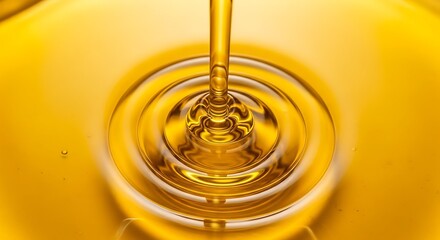Golden viscous liquid pouring creating beautiful concentric ripples.