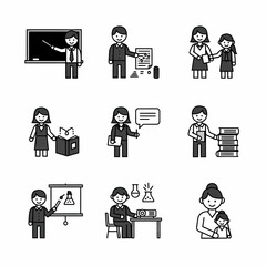 Educational Icon Set Depicting Teachers and Students in Various Learning Activities