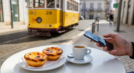 Hand Holding Smartphone with Pastel de Nata and Coffee at Lisbon Caf&eacute; with Tram 28