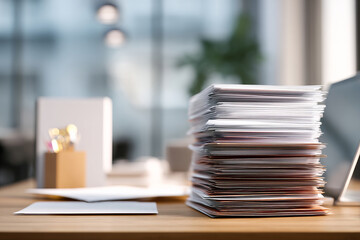 Fototapeta premium Stack of paperwork on office desk with blurred background, symbolizing workload and organization challenges.