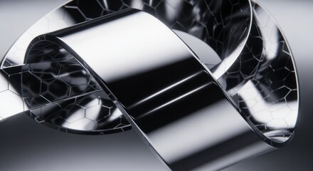 Sleek chrome ribbon with hexagonal pattern creating abstract futuristic digital art