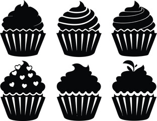 Set of Cupcakes, Variety of Decorated Desserts Isolated on White. 