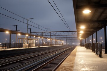 Empty train station platform at night with overhead lights illuminating the tracks and benches, creating a quiet urban atmosphere.