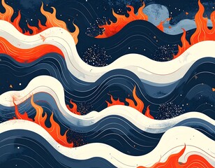 Abstract illustration of stylized flames atop flowing waves, set against a dark, starry backdrop