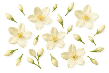 Jasmine white flowers and green buds scattering, representing purity, nature, springtime, and floral beauty. Transparent background