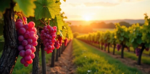 Sun-drenched rows of ripe grapes hanging heavy on the vine, ready for harvest in a picturesque vineyard Golden hour light bathes the landscape in a warm glow , viticulture, organic