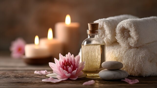 Tranquil Spa Setting with Flowers, Candles, and Essential Oils - Powered by Adobe