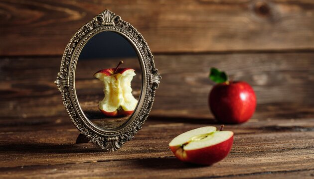 Apple reflecting itself in vintage mirror on wooden table. - Powered by Adobe