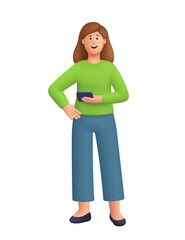 Fototapeta premium Young smiling woman Kate standing and holding smartphone. Technology, social media, digital marketing and online communication concept. 3d vector people character. Cartoon minimal style.