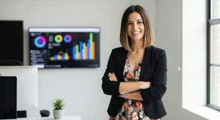 A smiling businesswoman standing in an office with a colorful graph on the wall.