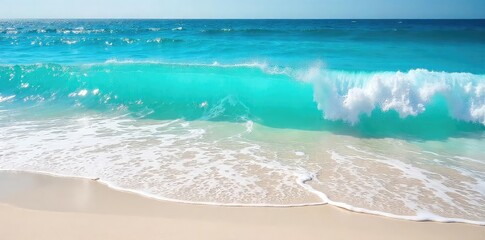 Sun-drenched turquoise ocean waves crash on a pristine sandy beach, untouched natural beauty The vibrant blue water sparkles under the clear sky, a perfect idyllic scene , sea, beach scene