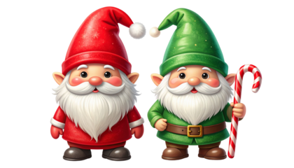 Classic Red Hat Christmas Gnome and Green Hat Christmas Gnome, isolated on transparent background