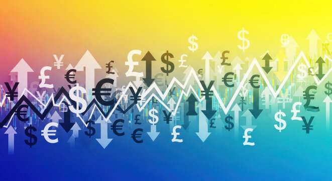 A colorful, abstract background featuring a mix of dollar signs, pound signs, and euro signs in various colors and orientations.