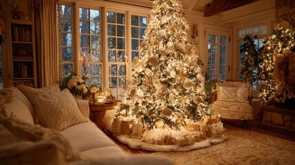 Tall Christmas tree in dark room wrapped with pearlescent golden ribbons and glowing yellow lights, star shining at top, cotton base with hidden lights, surrounded by presents and festive ornaments