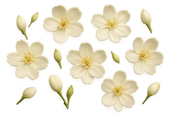 Obraz premium White jasmine flowers and buds blooming, fresh floral elements with transparent background, spring nature pattern