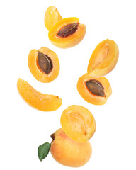 flying pieces of fresh ripe apricots, whole and cut
