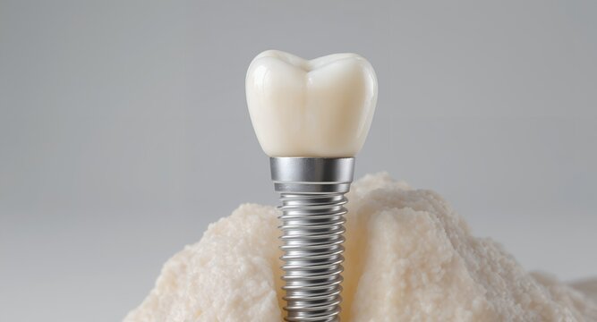 Dental Implant with Tooth Crown Close-up of a Realistic Artificial Tooth on a Metal Screw Post, Dental and Oral Health Concept.
