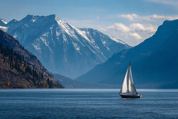 Naklejka premium Sailboat gliding on calm lake with majestic snow capped mountains in background creating peaceful adventure scene