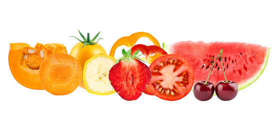 colorful array of red and orange fruits and vegetables highlighting fresh produce