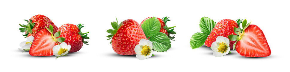 groupings of fresh strawberries with white flowers and green leaves
