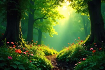Sunlight dappling through lush green canopy, illuminating a carpet of vibrant wildflowers and ferns on the forest floor A tranquil scene of natural beauty , blossom, summer, natural