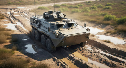 A military tank driving through a muddy, grassy terrain with mud puddles and green vegetation in the background.