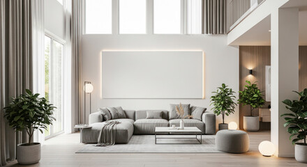 A modern, minimalist living room with a large, white sofa, a coffee table, and potted plants.