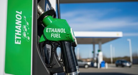 A green and black gas pump nozzle with the word 'ETHANOL' and 'ETHANOL FUEL' printed on it, positioned at a gas station with cars in the background.