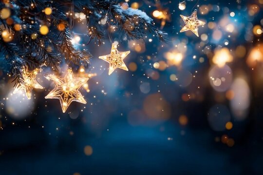 Christmas Lights - Stars String Hanging At Fir Branches In Abstract Defocused Background 