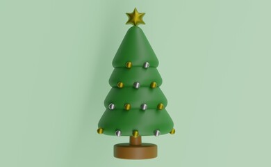 3D illustration. Christmas tree, ball and star.
