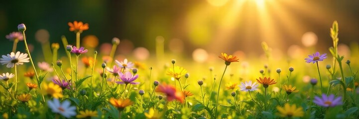 Sunlight streams through wildflowers in a vibrant meadow, illuminating golden hues of grasses and blossoms A peaceful, idyllic scene perfect for nature-themed projects , calm, gold