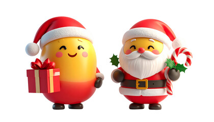 Obraz premium Santa Emoji with Gift and Santa Emoji with Candy Cane, isolated on transparent background