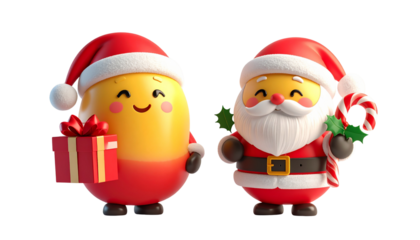 Santa Emoji with Gift and Santa Emoji with Candy Cane, isolated on transparent background