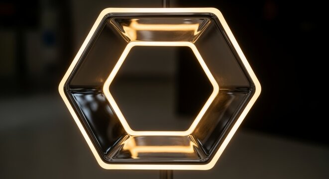 Modern hexagonal geometric lamp with warm glowing neon light, perfect for contemporary interior design and architectural concepts. - Powered by Adobe