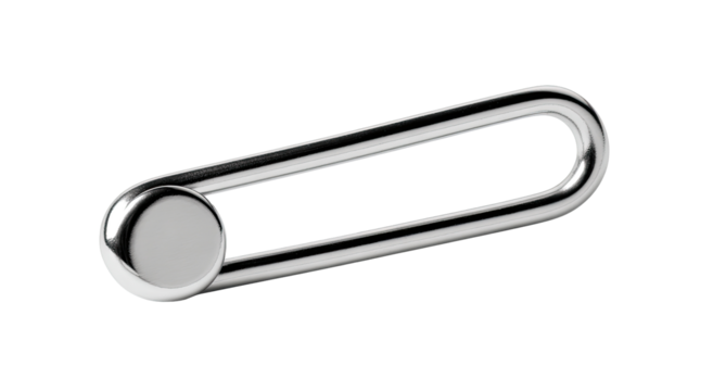 A chrome-plated, rounded, oblong handle with a circular knob