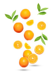 dynamic composition of fresh oranges and green leaves gracefully floating