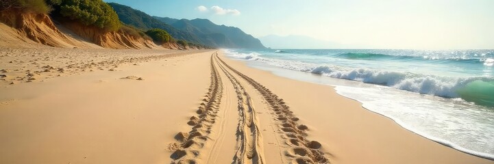 Tire tracks leading to a pristine beach, undisturbed sand, ocean waves lapping the shore Perfect for travel, vacation, and nature themes Sun-kissed sand, tranquil scene , sand, holiday, off-road