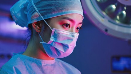 Portrait of female surgeon wearing surgical mask and medical cap in bright operating room light, focus, concentration, professionalism, responsibility, medicine, surgery, and dedication to healthcare.