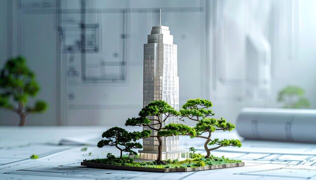 Architectural model of a skyscraper amidst blueprints