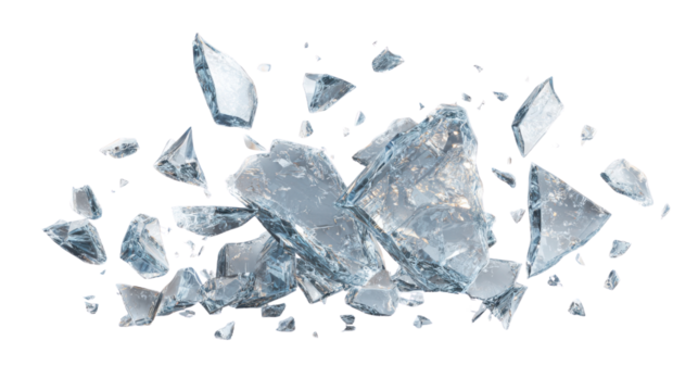 Shattered ice fragments suspended against a dark background shards broken