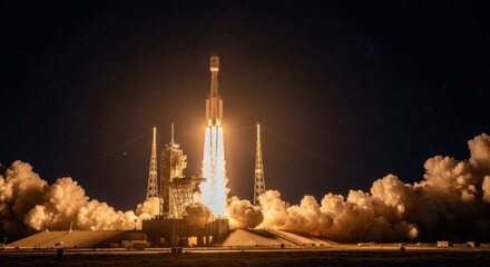A rocket launch at night with a starry sky in the background.