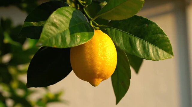 A ripe bright yellow lemon hangs from a branch surrounded by lush green leaves bathed in warm sunlight