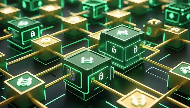 Blockchain Technology Concept &ndash; Glowing Interconnected Geometric Blocks, Secure Data Ledger, Dynamic Links, Encryption Icons, Distributed Information, Green & Gold 3D Render Background.