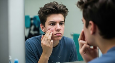 A young man applying cream to his face in front of a bathroom mirror.
