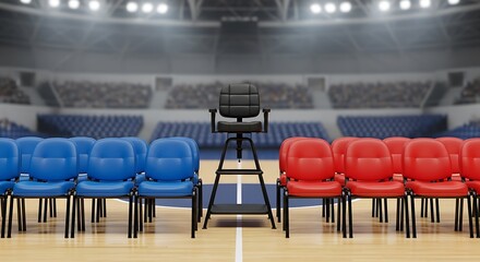 Naklejka premium Opposing Team Benches with Referee Chair in Basketball Arena.