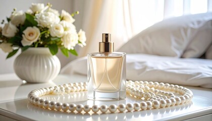 Perfume bottle with pearls and roses on a white table.