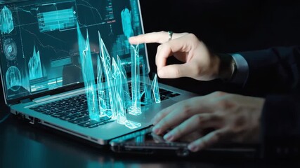 Futuristic technology concept with hands interacting with a laptop screen and data. - Powered by Adobe