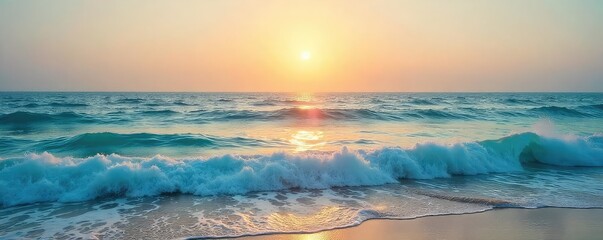 Tranquil Ocean Seascape Sun-Kissed Waves Gently Lap the Shore at Horizon, Creating a Serene and Peaceful Atmosphere, Perfect for Travel and Nature Photography